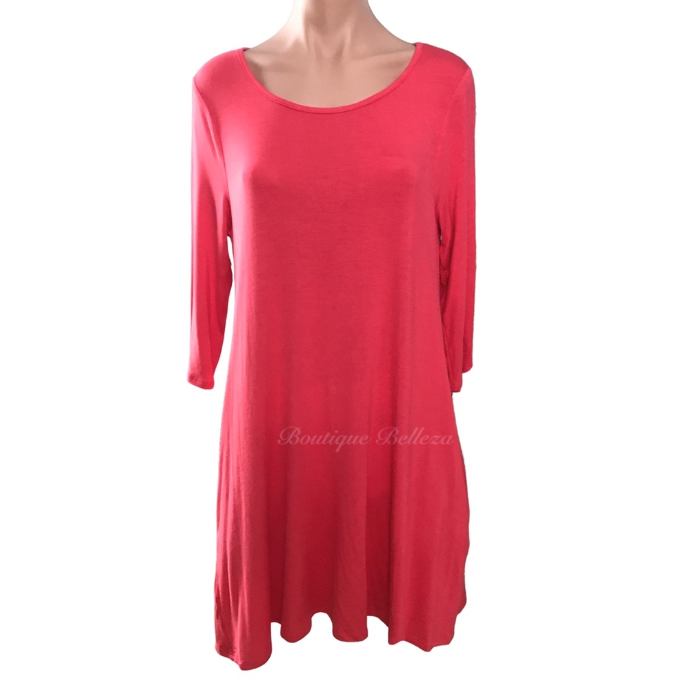 3/4 Sleeve Knit Tunic Dress With Pockets in Coral